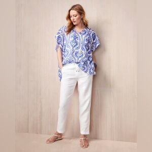 Chico’s Poncho Sz L/XL Blue Ikat Design Linen Lightweight Feminine Summer VNeck